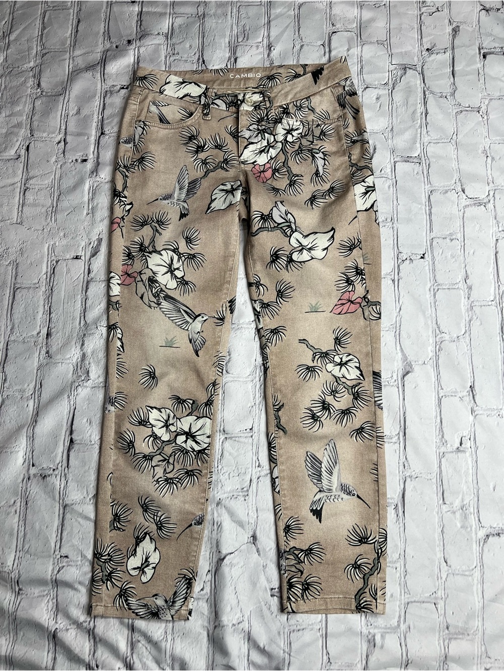 CAMBIO Beige Floral & Hummingbird Print Skinny Pants size